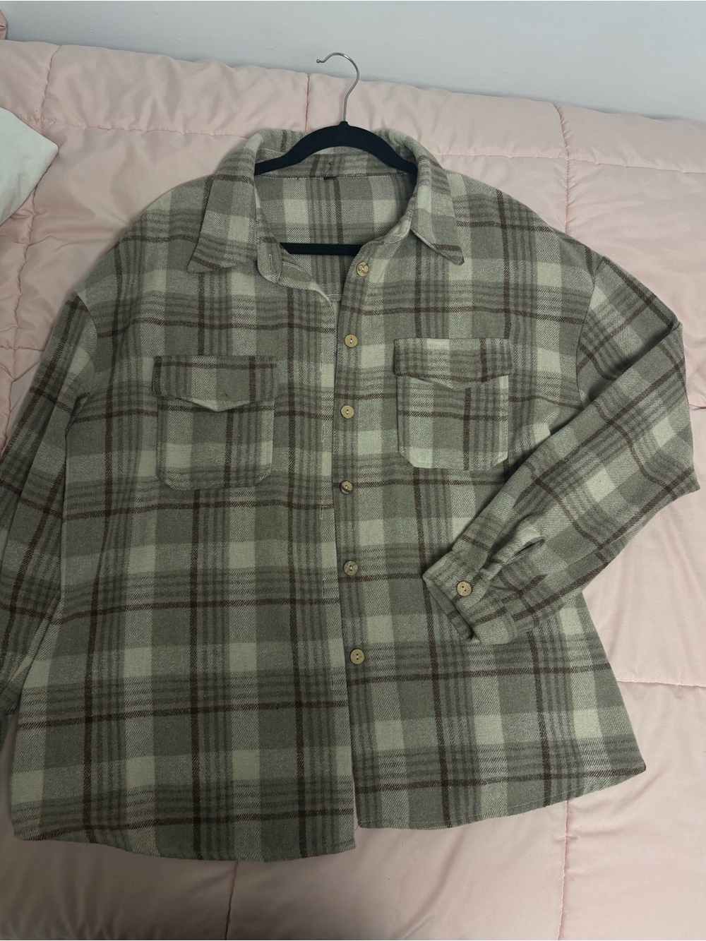 Plaid Button-Up Shirt Jacket in Beige and Brown